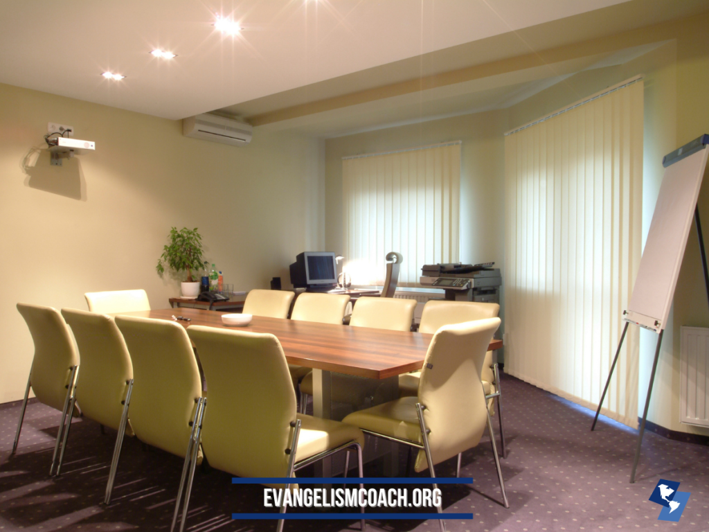 Empty church conference room prepared for an evangelism committee meeting