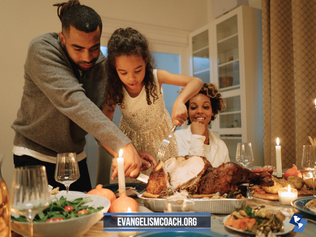 People sharing gratitude and faith stories at a Thanksgiving meal.